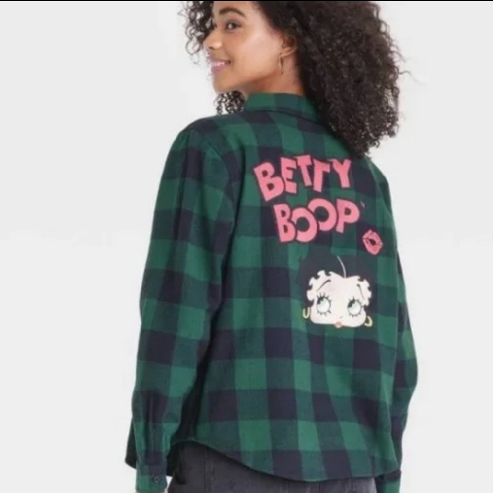 Nwt Betty Boop Long Sleeve Checkered Graphic Button-Down Shirt Flannel Womens XS